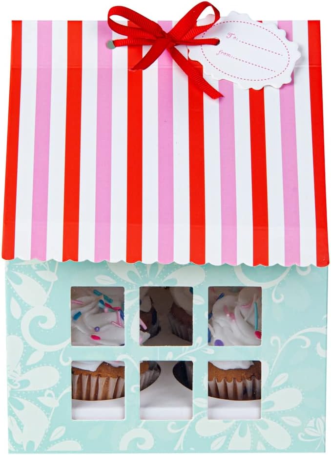 Restaurantware Pastry Tek 6 Inch x 7.8 Inch Cupcake Gift Boxes 100 Fits 4 Cupcake Favor Boxes - House Cupcake Inserts Pink And Blue Paper Treat Boxes With Window For Weddings Or Parties