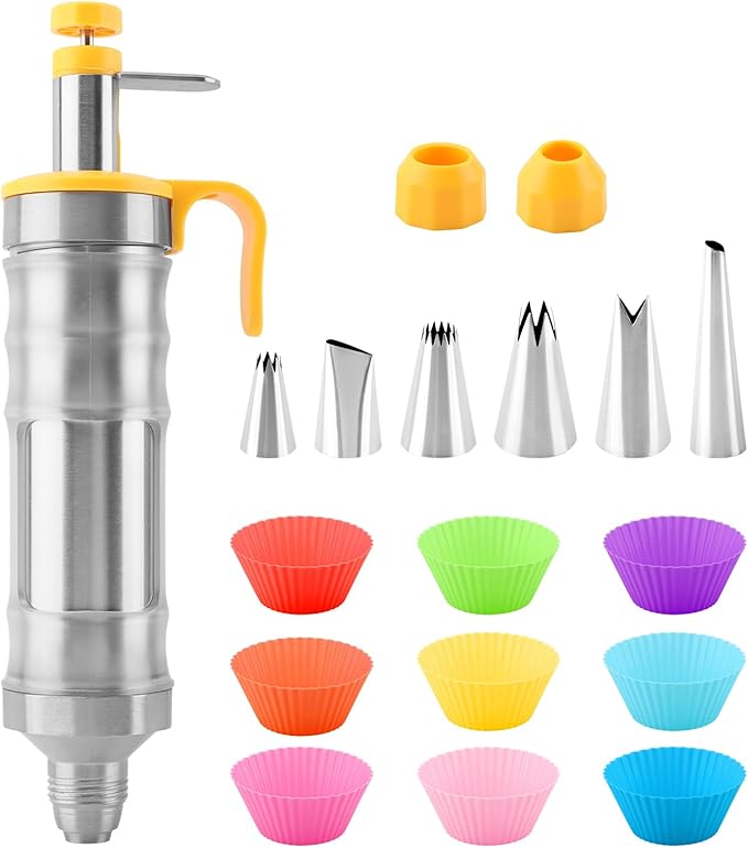 18Pcs Dessert Decorating Syringe Set, Stainless Steels Icing Piping Kit Cake Decorating Tools with 6 Piping Tips & 9 silicone Cupcakes, Cupcake Decorating Kit(COLOR:Yellow)