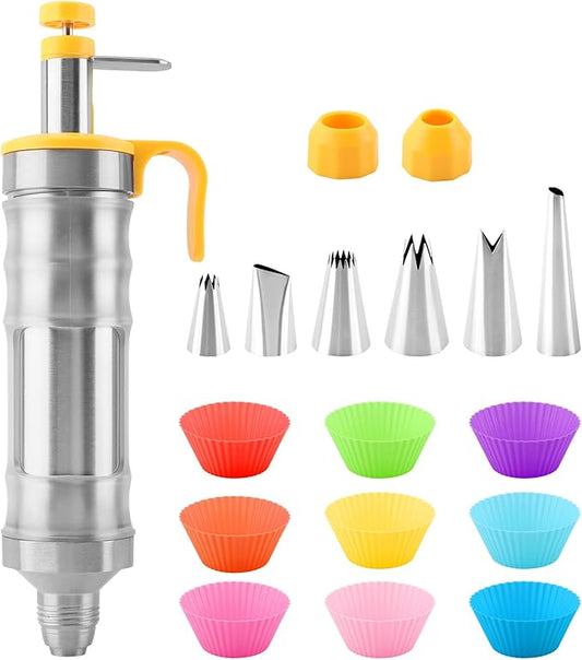 18Pcs Dessert Decorating Syringe Set, Stainless Steels Icing Piping Kit Cake Decorating Tools with 6 Piping Tips & 9 silicone Cupcakes, Cupcake Decorating Kit(COLOR:Yellow)