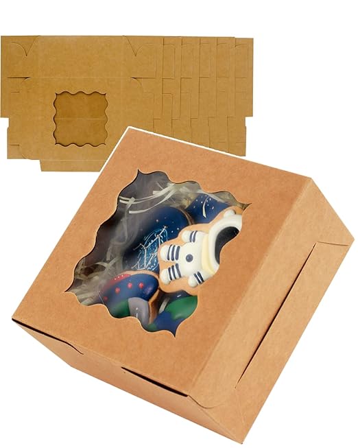 qiqee Kraft Cookie Boxes with Window 100packs 6x6x3 Brown Bakery Box Kraft Paper Boxes for Cookie, Pastry, Cupcake, Pie, Donut