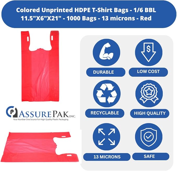 ASSUREPAK Easy Open - 1000 Bags - Colored Unprinted HDPE T-Shirt Bags - 1/6 BBL 11.5"X6"X21" - 13 microns - Red - Perfect for Groceries, Shopping and Retail Stores LOOP-RED-EO