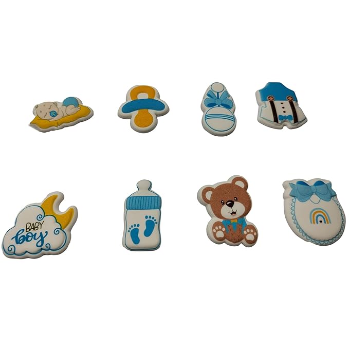 Edible 8pcs Blue Boys Baby Showers Themed Cake Decorations Dessert Sugar Sprinkles Party Cookie DIY Cake Cupcake Topper Icing Frosting Decoration Holiday Supplies