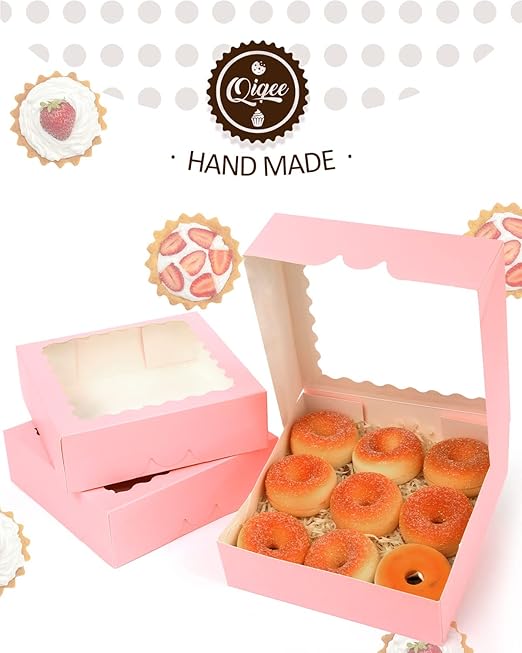 qiqee Auto-pop up Pink Bakery Boxes 50 Packs Pastry Box 8x8x2.5 inch Pie Boxes With Window