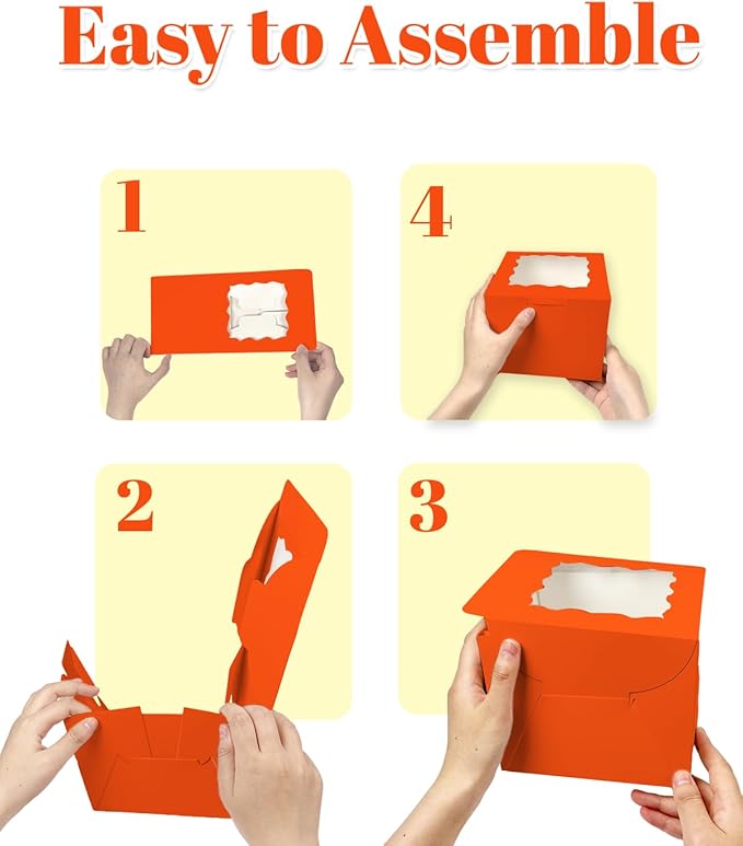 Bakepacker 36pcs 8x8x5 Inches Cake Boxes with Window 18-Packs Orange Cake Boxes 8 Inch Bakery Boxes (18 Cake Boxes +18 Cake Boards Included)
