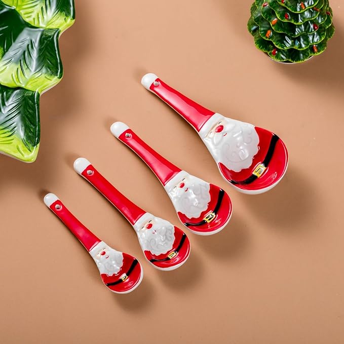 Ceramic Christmas Measuring Spoons Set – 4-Piece Santa Claus Ceramic Spoons for Holiday Baking – Includes 1 Tbsp, 1 tsp, 1/2 tsp, 1/4 tsp – Festive Kitchen Gift for Christmas Decor