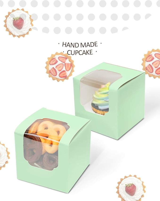 qiqee Light Green Cupcake Boxes Individual Cupcake Container 60pcs 3.5" x 3.5" x 3.5" Auto-Pop up Single Cupcake Boxes (60 Boxes+60 Inserts)