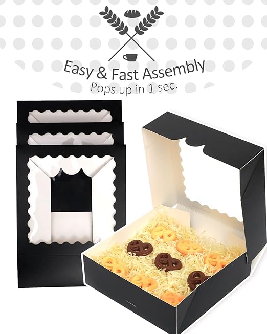 qiqee Auto-pop Up Black Pastry Box With Window 8x8x2.5 Inch Donut Pie Boxes 30pcs Bakery Box