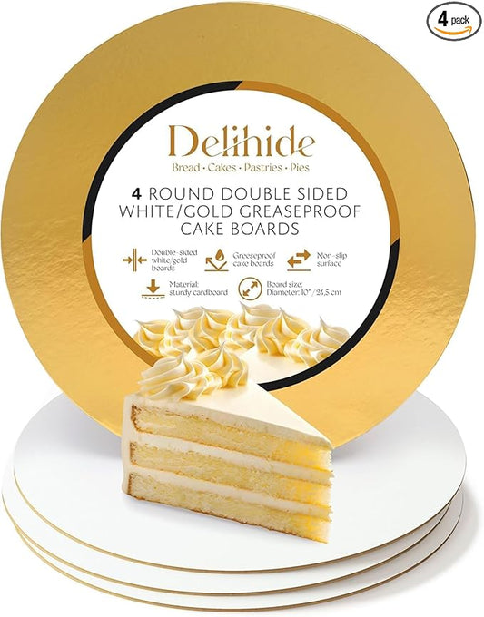 Cake Board 10 Inch Round - Oil-Proof & Sturdy Cake Base Board, Cardboard Cake Rounds Ideal As Cake Tray or Cake Disc - White & Gold 10 Inch Cake Boards