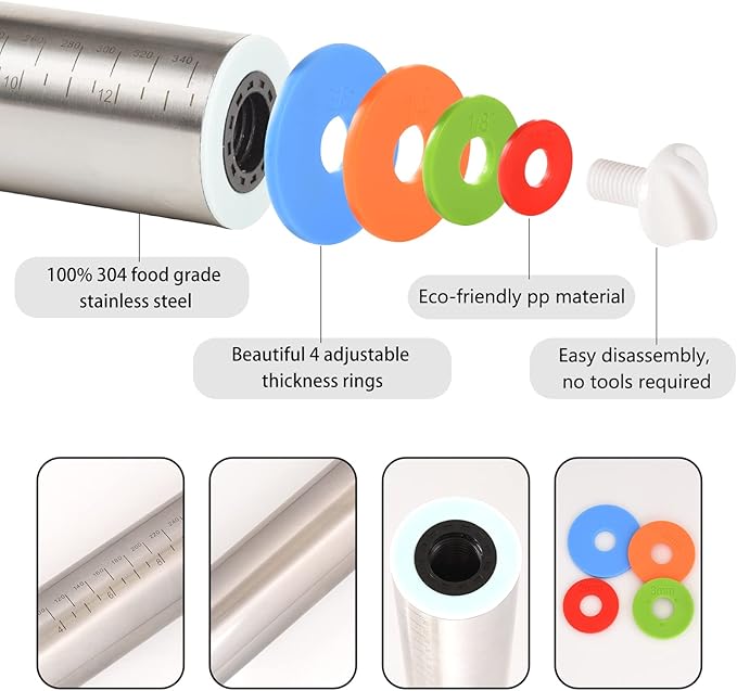 Adjustable Rolling Pin With 4 Thickness Rings, Stainless Steel Dough Roller Pizza Roller Handle Press Design With Measurement Guide For Baking, Fondant, Pizza, Pie Crust, Cookie
