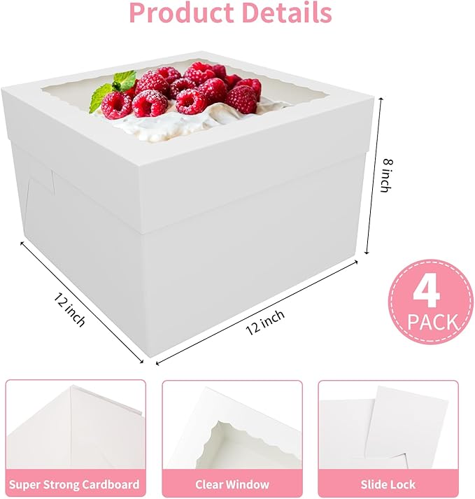 4 Pack 12x12x8 Inch White Cake Boxes with Window - Disposable Bakery Boxes for Cakes, Cupcakes, Cookies, and Pastries