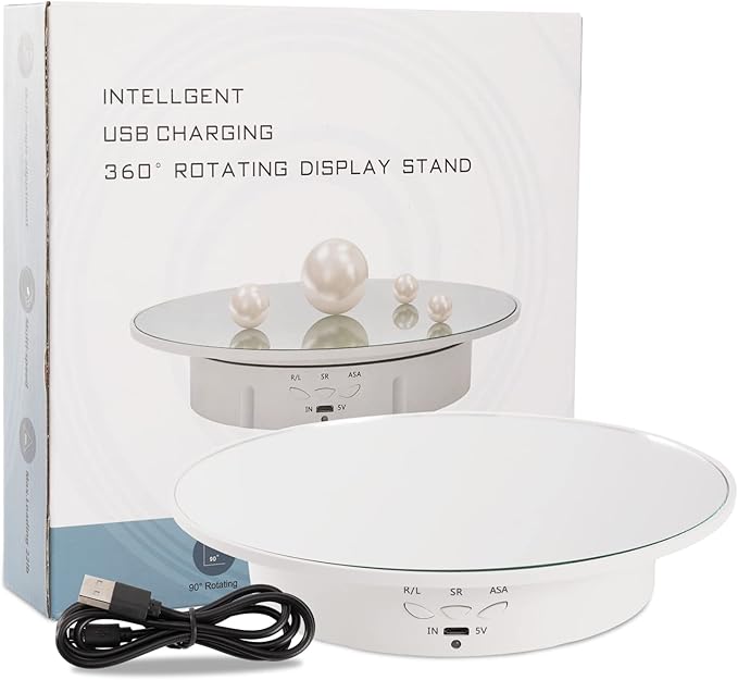 7.87'' Rotating Display Stand Motorized Rotating Display Stand, 22 lbs Load Rotating Platform with Mirror Cover, Rotating Stand with USB Charging Port, for Jewelry Photography Products 3D Model Cake