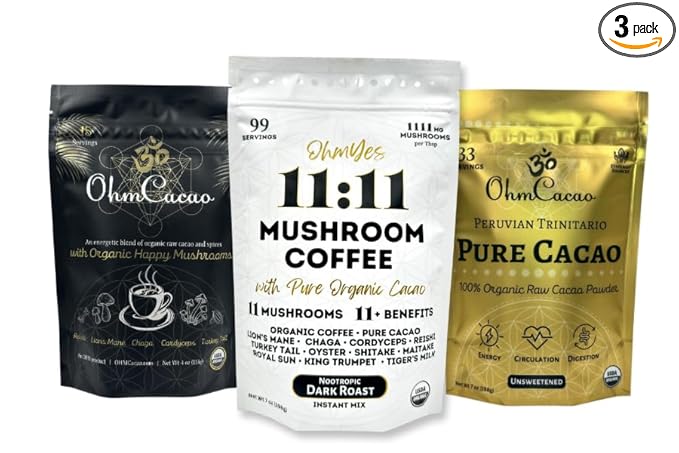 OhmYes Trio: Organic 11 Mushroom Coffee, Pure Cacao, & Mushroom Cacao