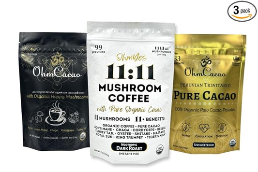 OhmYes Trio: Organic 11 Mushroom Coffee, Pure Cacao, & Mushroom Cacao