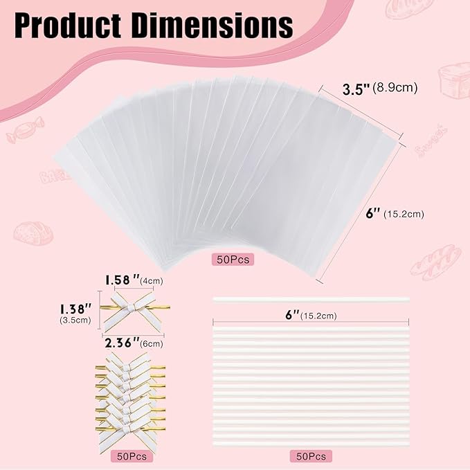 RomanticBaking 50 Sets Clear Rice Krispie Treat Bags with White Ribbon Bow and Stick & Flat Cellophane Clear Bags for Rice Krispie Treats Gift Giving Bag(White)