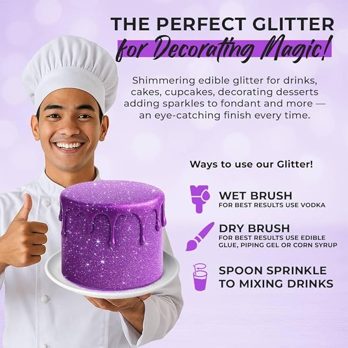 Bulk 20g Purple Edible Glitter for Drinks | Premium Edible Glitter for Cakes, Cocktails, Purple Cake Decorating Decorations Food Grade, Vegan, Kosher, Halal, Gluten Free - Made in USA