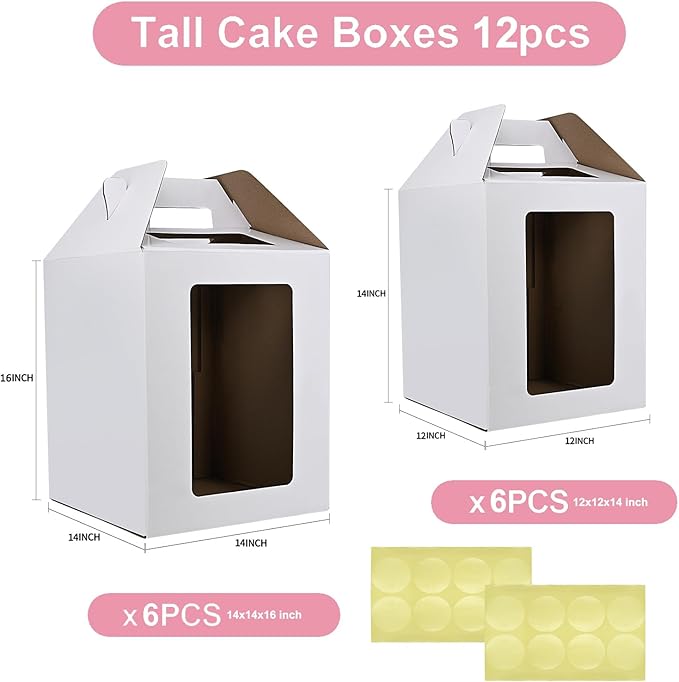 KBG Tall Cake Boxes 12 Pcs 12x12x14 and 14x14x16 Inches With Window and Handle,Disposable Large Tiered Cake Carrier Cake Containers 12Inch 14 Inch