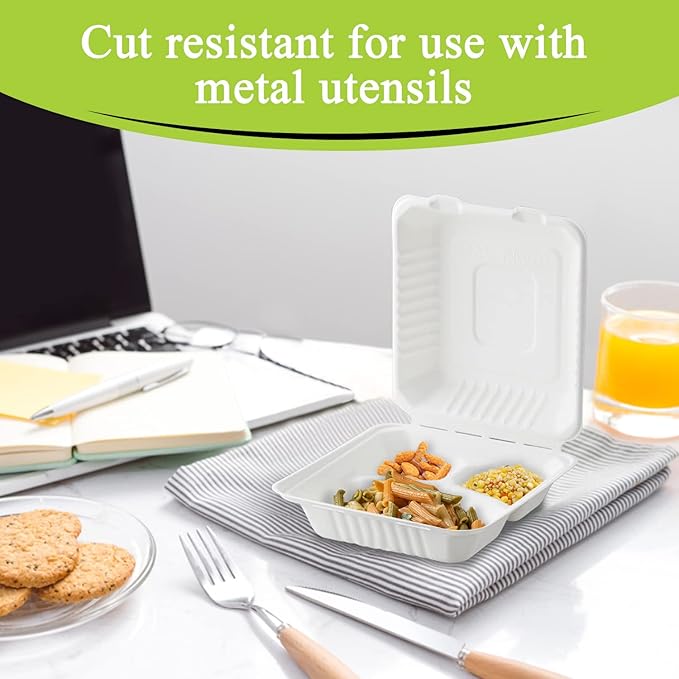 three leaf 8" x 8" 3 COMPARTMENT BAGASSE CLAMSHELL, 200 Ct. Heavy-Duty- Super Strong- Natural- Eco-Friendly Disposable Bagasse Clamshell, 100% Biodegradable 8 inch clamshell