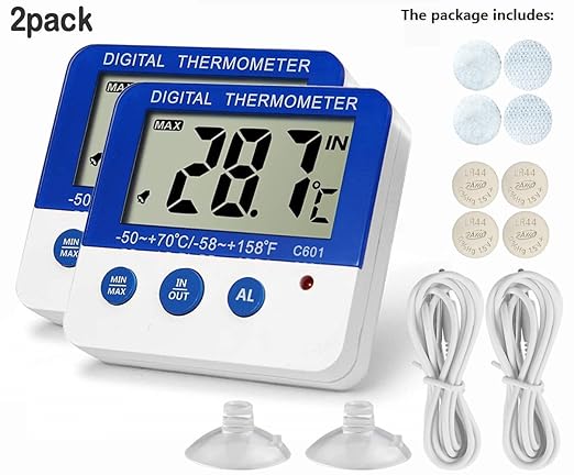 Fridge Freezer Thermometer Max/Min Memory High & Low Temperature Alarms Settings with LED Indicator Digital Refrigeration Thermometer with Magnetic,Stander 2 Pack