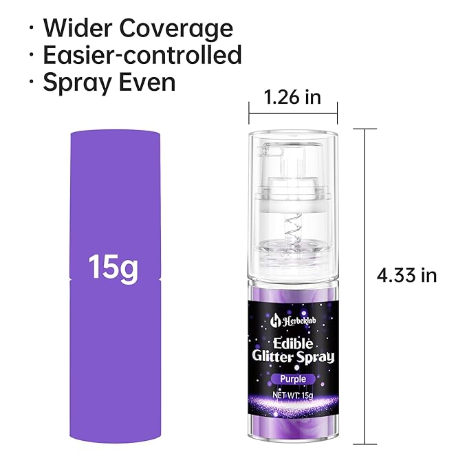 Purple Edible Glitter Spray - 15g Food Grade Purple Luster Dust Shimmer Powder Spray for Cakes, Cookies, Chocolate, Strawberries, Drinks & Cocktails