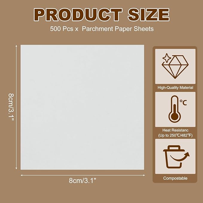 uxcell 500 Pcs Unbleached Parchment Paper Baking Sheets Squares, 3.1 Inch Hamburger Patty Paper, Non Stick Parchment Pulp Paper for Baking Grilling or Meat Storage, White
