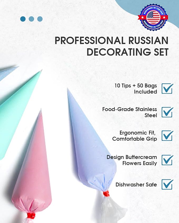 60Pcs Extra Large Russian Piping Tips Set,10 Flower Nozzles Baking, Stainless Steel Rose Floral Piping Nozzles, Nozzle for Cake Decorating for Buttercream Flowers, Cake Decorating Supplies for Wedding