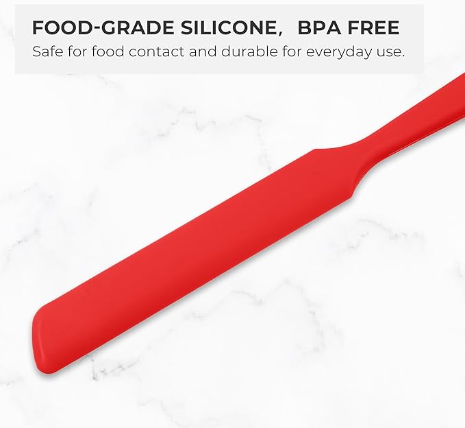 Elihome Skinny Silicone Jar Spatula Spreader, BPA Free,Heat-Resistant Scraper, 10in Long Narrow Stirring Stick, Seamless Flexible Peanut Butter Spreader for Scraping Icing and Jam (Red)