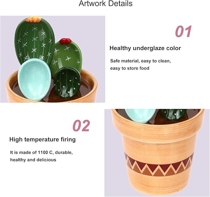 5 Pieces Measuring Spoons Set/Ceramics Spoons and Measuring Base Cup/for Dry and Liquid Ingredient, Cute Cactus Shape (Wave base)