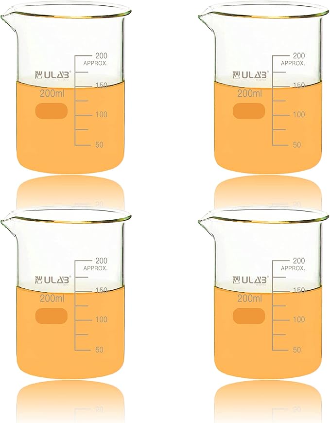 ULAB Scientific Glass Beakers, Vol. 200ml, 3.3 Borosilicate Griffin Low Form with Printed Graduation, Pack of 4, UBG1032