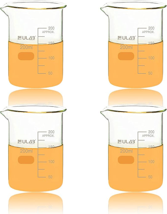 ULAB Scientific Glass Beakers, Vol. 200ml, 3.3 Borosilicate Griffin Low Form with Printed Graduation, Pack of 4, UBG1032