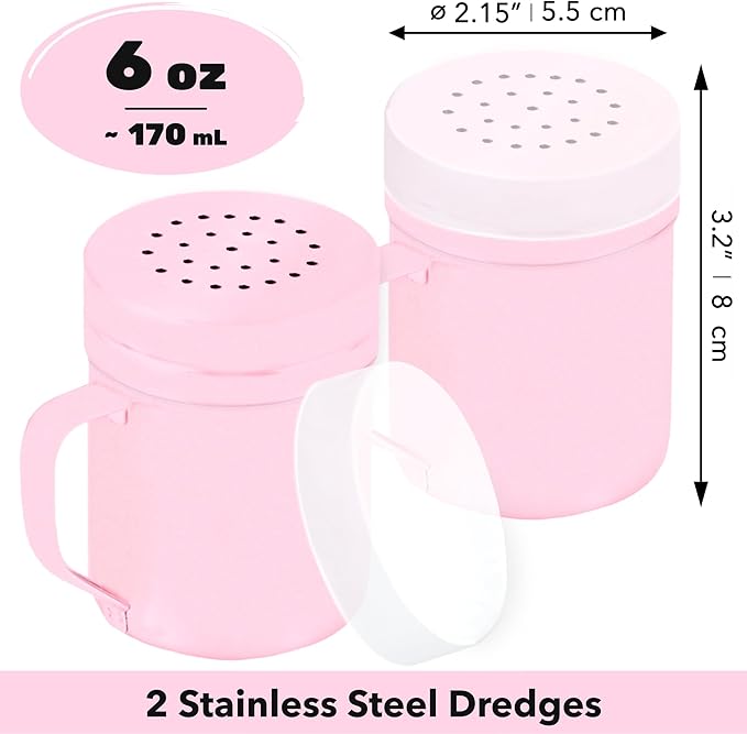 CUSINIUM 6oz Pink Stainless Steel Salt Pepper Dredge Shakers - With Plastic Cap - With Handle - Pack of 2