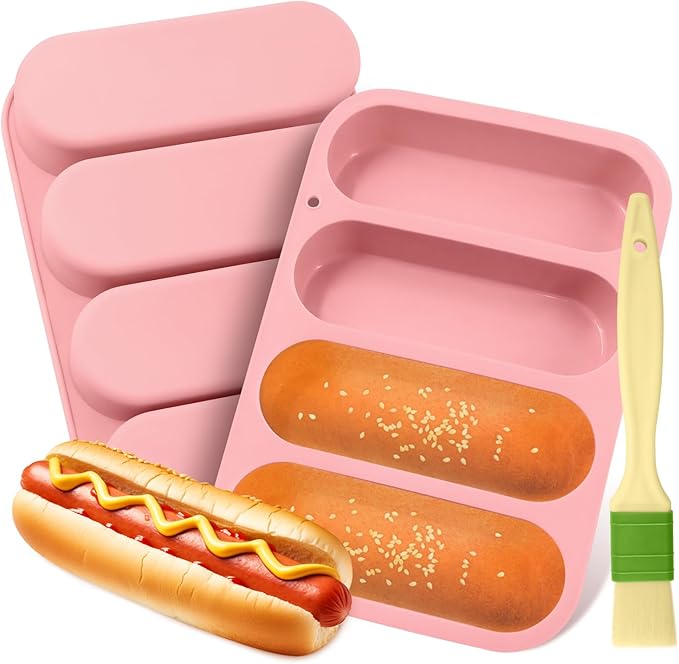 2 Pack Silicone Hot Dog Bun Pans, 6x9 Inch Non-Stick Baking Mold – Perfect for Homemade Hotdog Buns, Mini Baguettes & Rolls – Dishwasher Safe, 4-Cup Capacity (Pink)