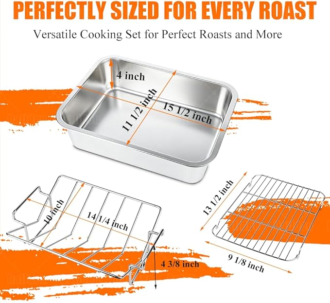 15.5 Inch Stainless Steel Roasting Pan with V-Shaped & Flat Cooling Rack, 6 PCS Set with Meat Claws Pastry Brush, Heavy Duty Deep Turkey Roaster Oven Safe Dishwasher Safe for Chicken Ham Lasagna