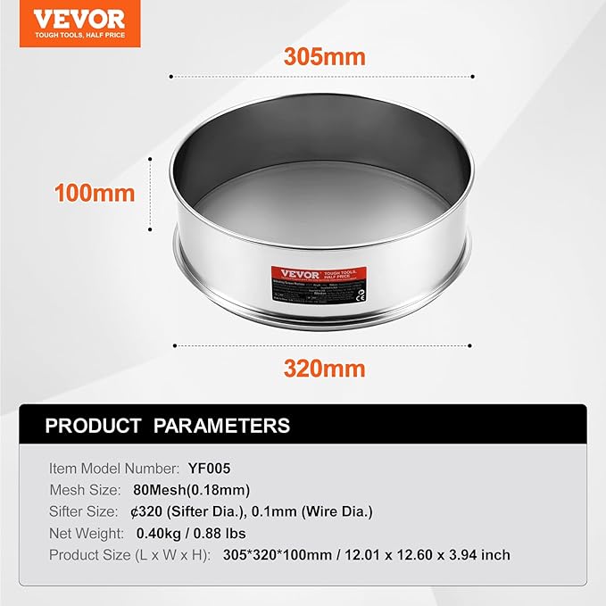 VEVOR Flour Sieve, 80 Mesh Strainer, 304 Stainless Steel Fine Mesh, Dia. 12.6", "Sifter for Baking, 5 Sizes Mesh hole for Mungbean, Rice, Flour, Pearl Powder