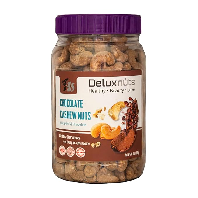 DELUXNUTS Premium Roasted Chocolate Covered Cashew Crunch 21oz | Cocoa Dusted & Chocolate Cashews Gift, Whole Cashew Nuts Snack Mix, Healthy Gourmet Snack for Adults, High Protein, Gluten-Free, Premium Holiday & Christmas Gift Idea
