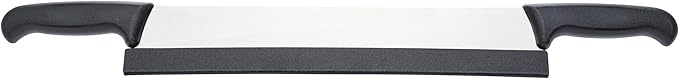 Mundial 16-Inch Carbon Stainless Steel Cheese Slicer Knife – Double Handle, Granton Edge for Non-Stick Cutting, Includes Safety Sleeve Protector, Ideal for Blocks of Cheese