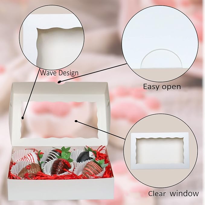 RomanticBaking 8x5x2 Inch 21PCS Cookies Boxes Chocolate Covered Strawberries Boxes Bakery Boxes with Window for Cakesickle Chocolate Truffle Pretzel & Party favors Packing