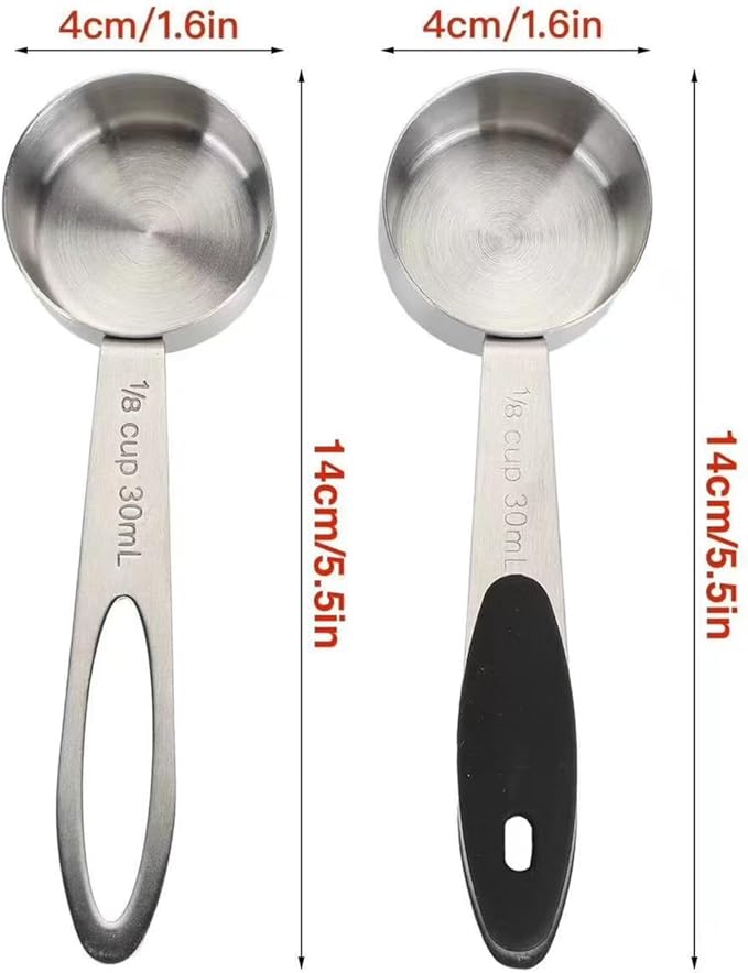 2pcs Stainless Steel Coffee Spoon with Black Silicone Handle Measuring Cup 1/8 Cup (2 Tbsp/30 ml/30 cc/1 oz)