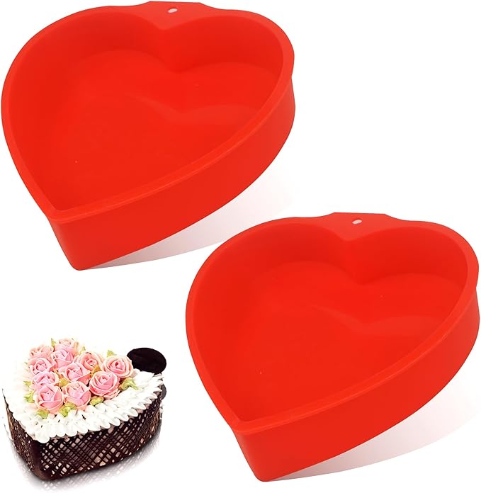 MILIVIXAY 2PCS Heart Shaped Cake Pans, 8 Inch Cake Mold, Red, Thin Style, Completely Non Stick, Food Grade Silicone, Easy To Store and Wash, Microwave, Freezer and Oven Safe.