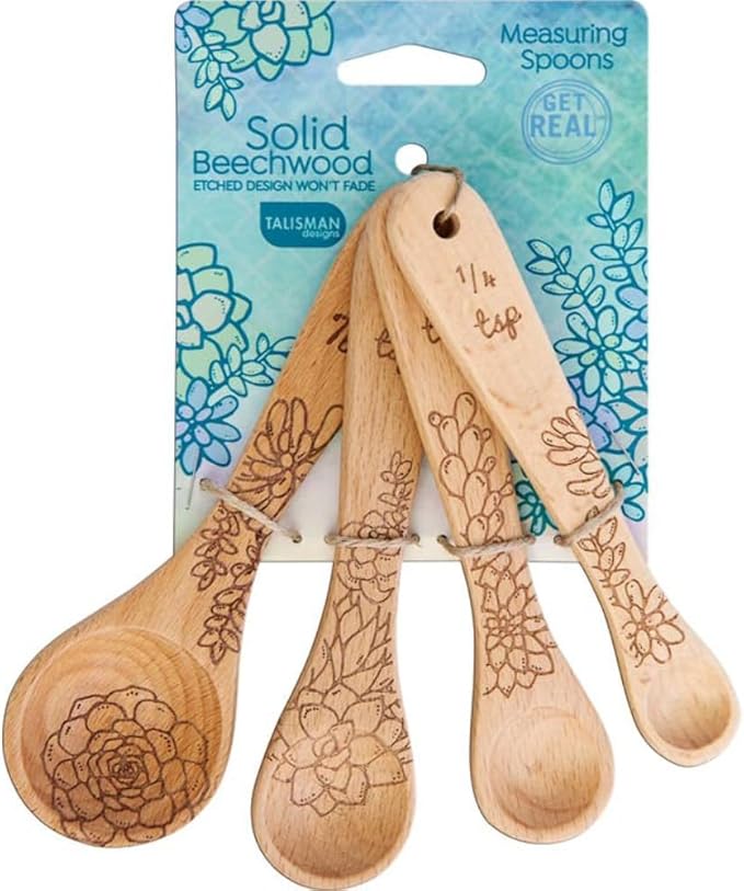 Talisman Designs Laser Etched Beechwood Measuring Spoons | Set of 4 | Succulent Design | Natural Wooden Measuring Spoons Set | Cute & Functional Kitchen Tools