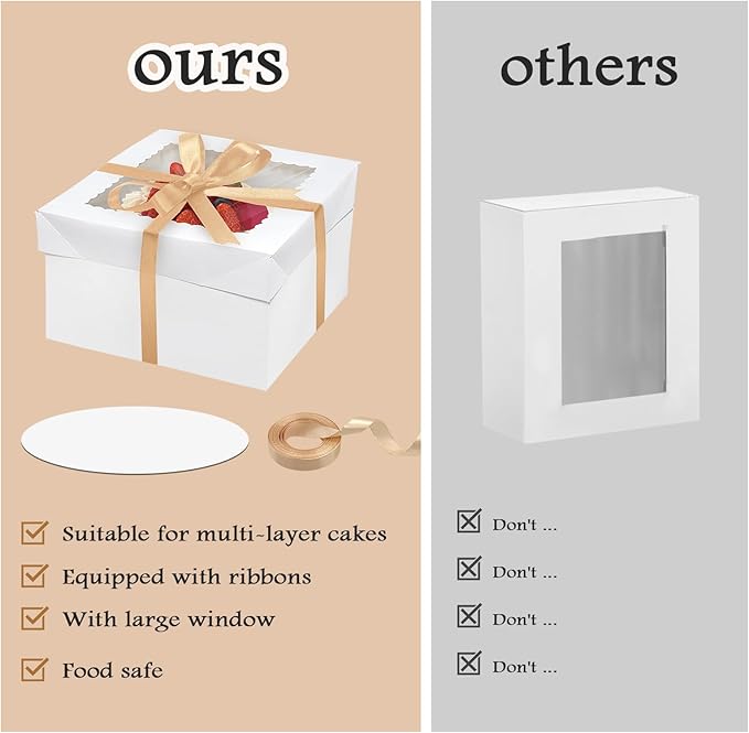 12PCS 8x8x8 Inches Cake Boxes with ake Boards—（6 Boxes with window & 6 Borads & 70ft Silk Ribbon） Square Baking Boxes for Christmas,Birthday Party, Wedding, Valentine's Day