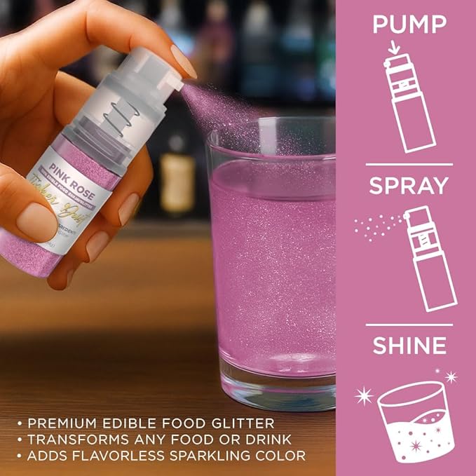 Bakell - Pink Rose Tinker Dust (4g, 1x Mini Spray Pump) Edible Glitter for Food, Desserts, and Beverages!