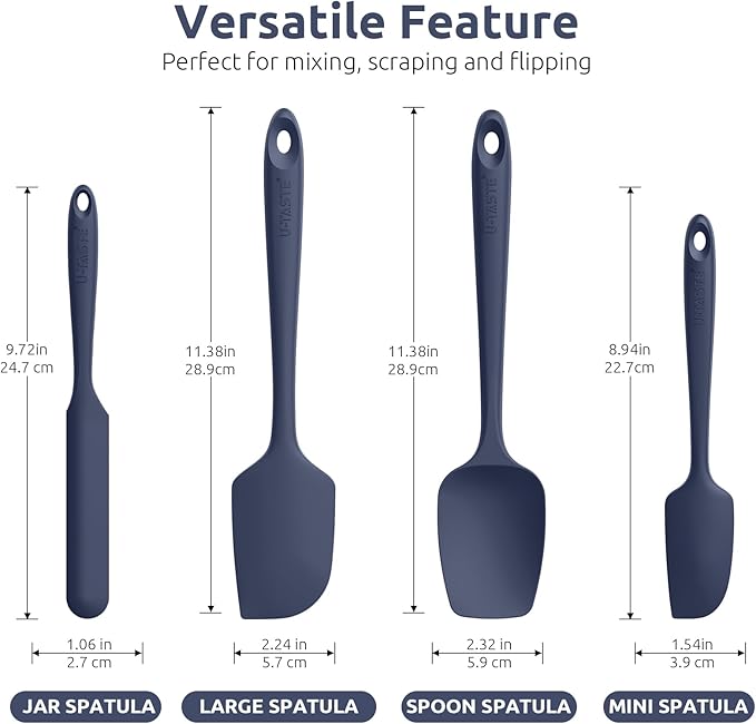 U-Taste Heat Resistant Silicone Spatulas: 480ºF Hot Proof Food Grade Flexible Silicon Baking Scraper, Food Grade Rubber Kitchen Cooking Mixing Utensil for Nonstick Cookware Set of 4(Midnight Blue)
