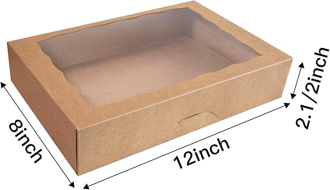 8-Pack Brown Pastry Box12x8x2.5inch,Large Bakery Cookie Box for Donuts,Muffins with Window Lid - Auto-Pop up Paper Box Doughnut Cardboard Chocolate Strawberries Treat Boxes,Pack of 8