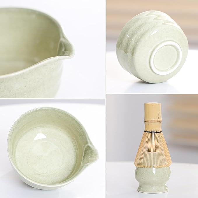 Matcha Set Match Bowl with Spout and Matcha Whisk Holder Whisk Tea Set Includes and Bamboo Scoop Ceramic 17 OZ - 4pc Perfect Matcha Kit for Matcha Tea Ceremony (Mottled Green)