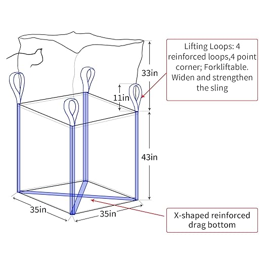10 Pack FIBC Bulk Bag,Flexible Bulk Bags 1.5 Ton Bag, 35"L x 35"W x 43"H, 3300lbs SWL, Duffle Top Flat Bottom Heavy Duty, Woven Polypropylene Bags