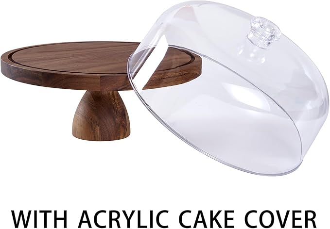 Cake Stand with Lid, Multi-Functional 12in Round Cake Holder, Acacia Wood 2-in-1 Dessert Table Display Set, Charcuterie Board for Cheese ,Fruit Platter, Large Acrylic Cake Dome Cover