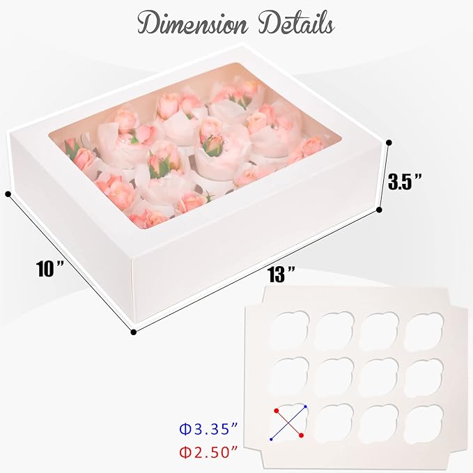 Bakepacker 12 Cupcake Containers 20-Packs White Cupcake Box Cupcakes Carrier, 12 Cupcake Boxes with Window 13"x10"x3.5"（Auto-pop up）