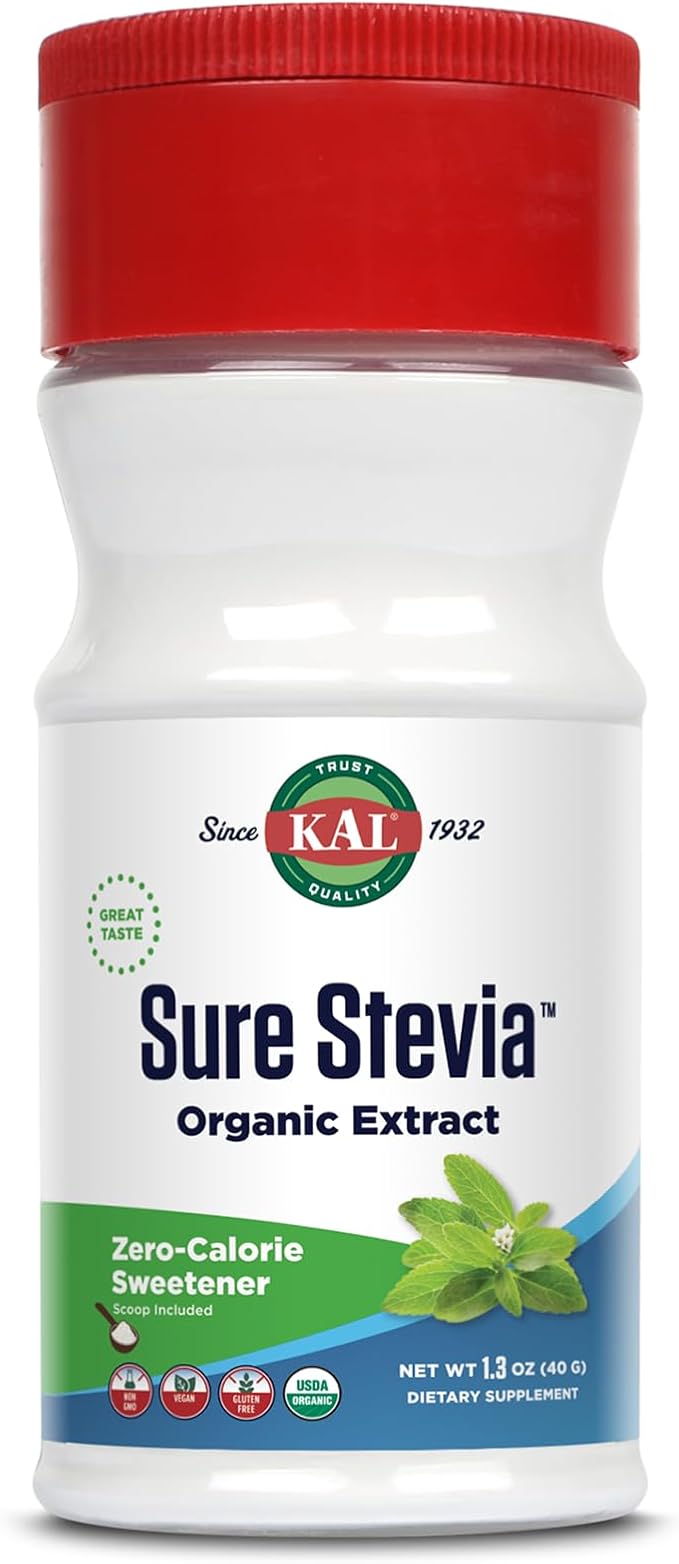 KAL Sure Stevia Extract, Organic Stevia Powder, Low Carb, Zero Calorie Sweetener, Keto Friendly, Great Taste, Low Glycemic, Vegan, Gluten Free, No Fillers, 60-Day Guarantee, Approx. 690 Servings, 1.3oz