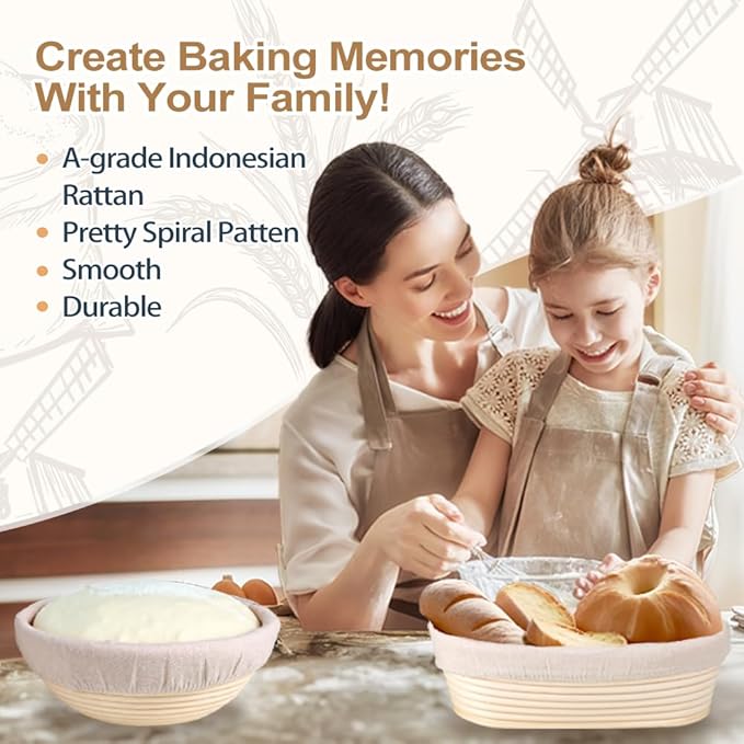 Banneton Bread Proofing Basket Set, 10 Inch Oval, Sourdough Bread Baking Supplies, Bread Making Starter Kit, Proofing Baskets for Baking, Perfect Baker's Gift Set