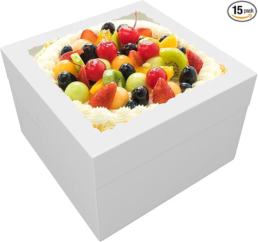 15 Pack 12x12x8 Inch White Cake Boxes with Window - Disposable Bakery Boxes for Cakes, Cupcakes, Cookies, and Pastries